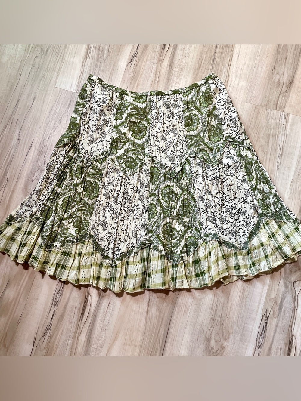 Phool Green multi Patterned Tiered knee length Skirt - Casual Boho Style